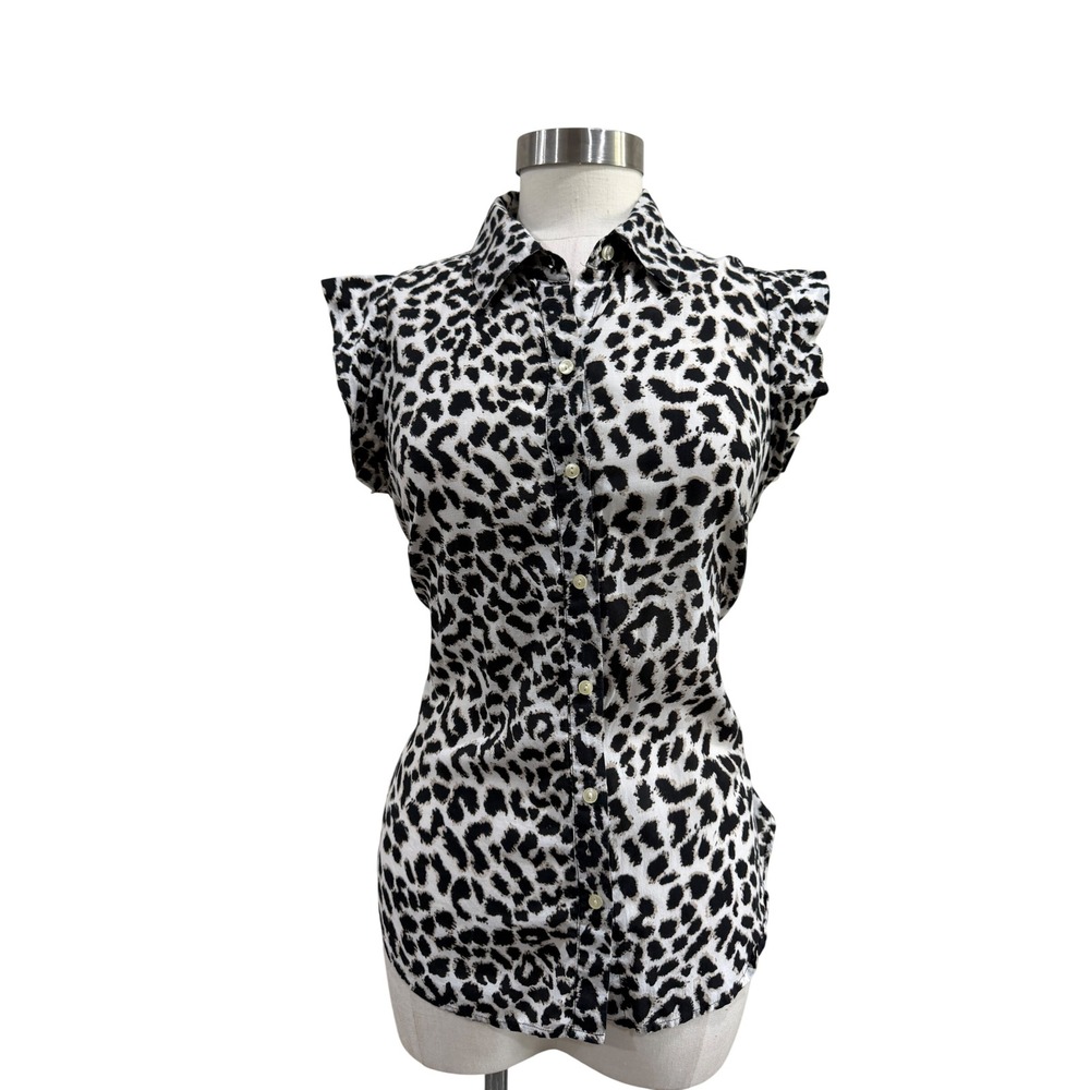 Ann Taylor Leopard Print Ruffle Sleeve Tie Back Blouse Black White Size 10